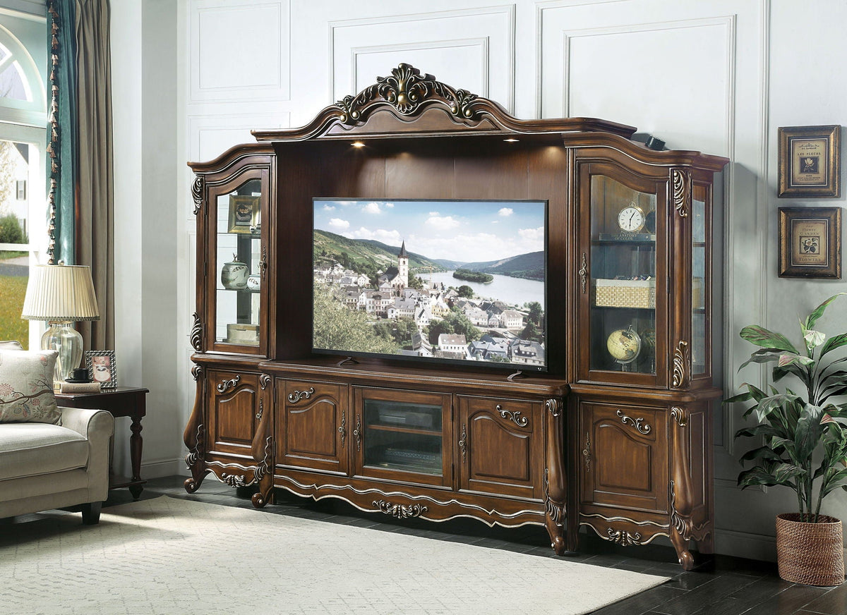 Latisha Entertainment Center by HouseOfZazla, oak with carved detailing and glass doors on Tampa Home & Garden Store