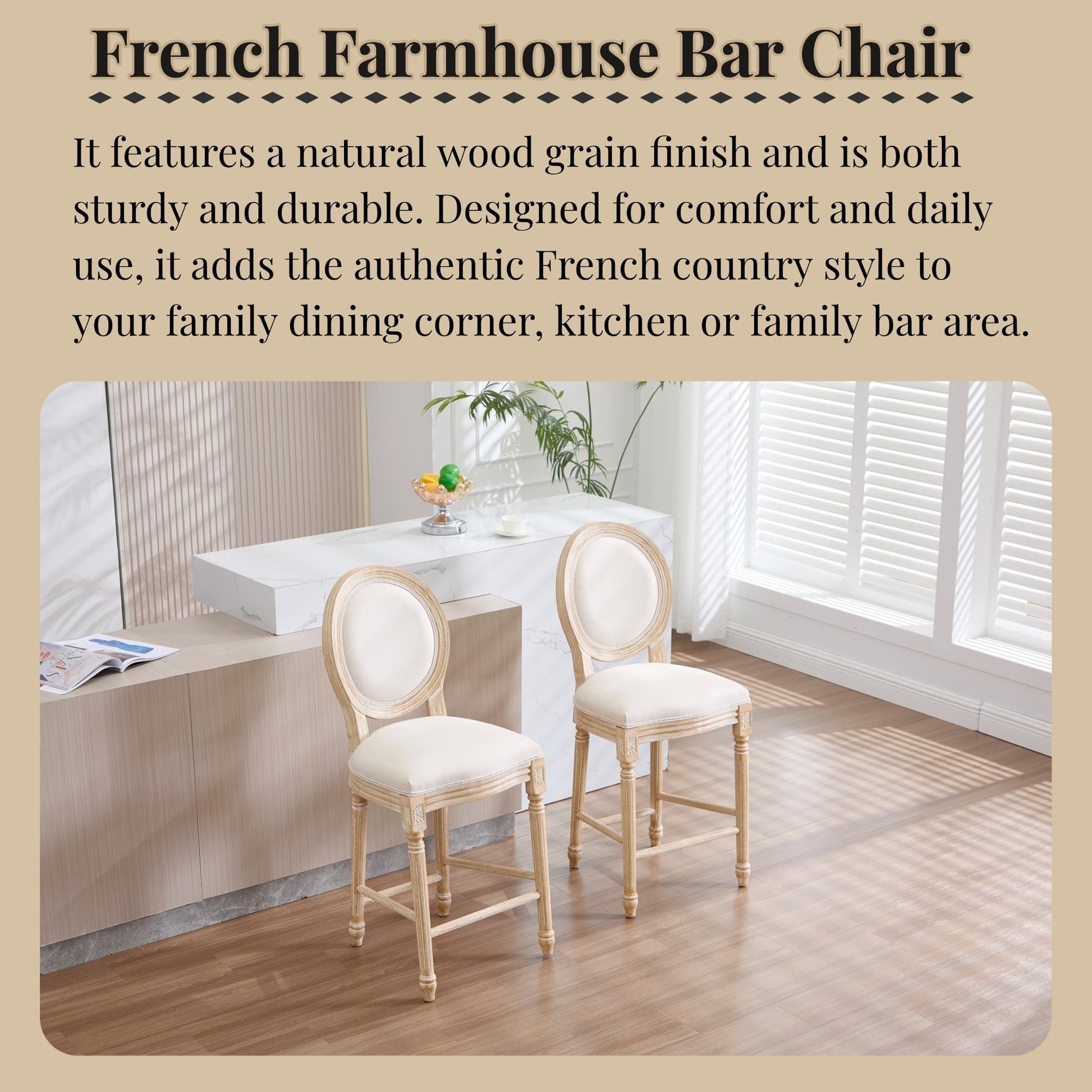 French Country 26in Bar Chairs set of 2, natural wood with cream upholstery by HouseOfZazla on Tampa Home & Garden Store
