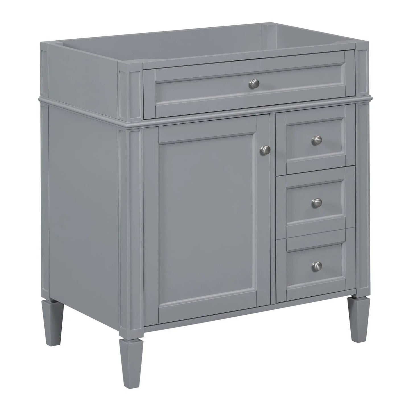 Gray bathroom vanity base with 2 drawers and tip-out drawer storage cabinet raised legs on Tampa Home & Garden Store
