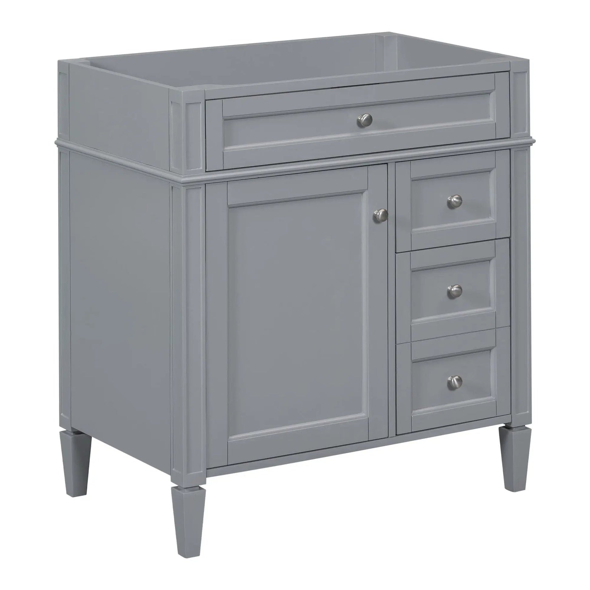 Gray bathroom vanity base with 2 drawers and tip-out drawer storage cabinet raised legs on Tampa Home & Garden Store