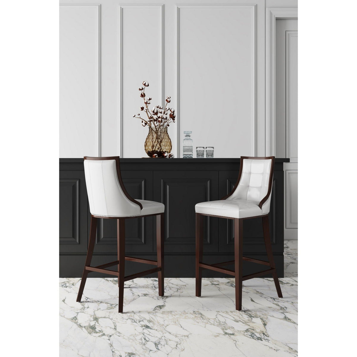 White bar height stools with solid wood frame and white upholstery, set of two at a black bar on Tampa Home & Garden Store