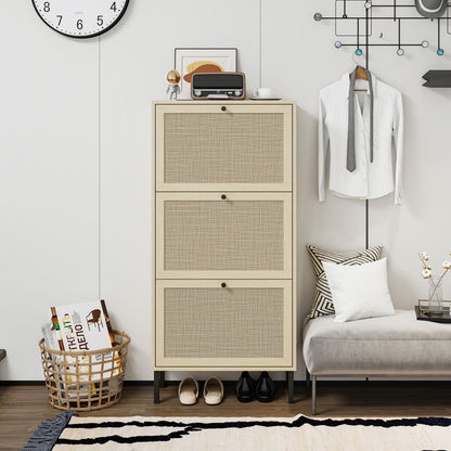 Modern Rattan 3-Door Shoe Rack Cabinet for Entryway with woven front panels on Tampa Home & Garden Store