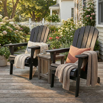 Folding Adirondack lounge chairs (2) in dark embossed grain texture on a deck with blankets on Tampa Home & Garden Store