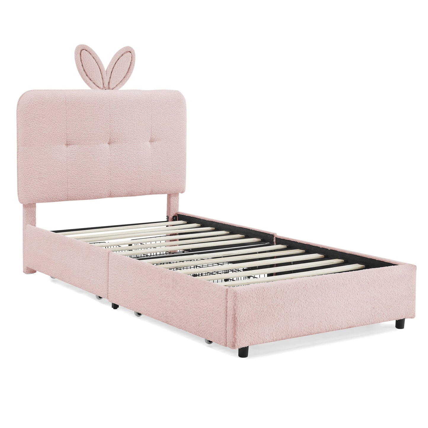 Twin size kids upholstered bed with oversized rabbit ear headboard in pink fabric by HouseOfZazla on Tampa Home & Garden Store
