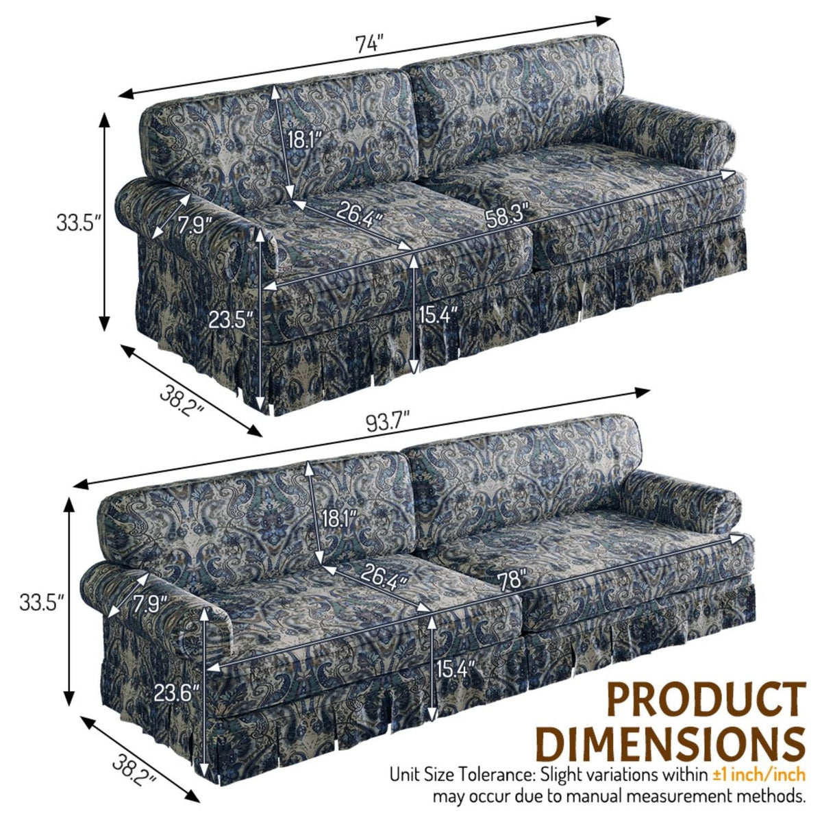 Comfortable Cloud Sofa by HouseOfZazla, rolled arms and skirt in blue paisley on Tampa Home & Garden Store