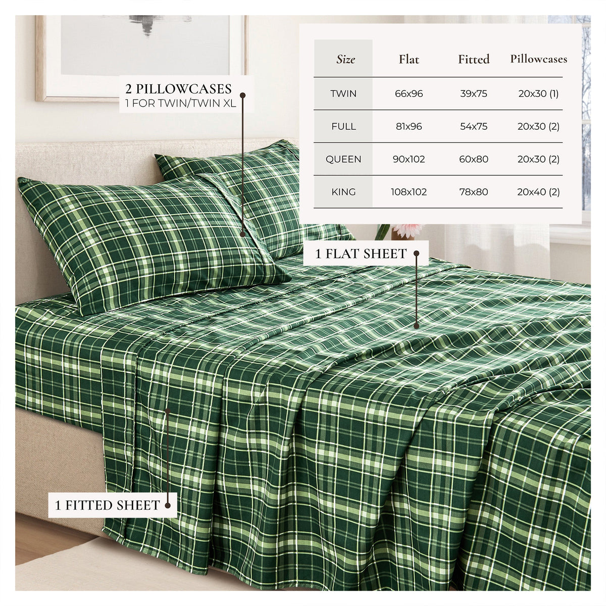 Printed Sheet Set Baylor Collection by Great Bay Home in green plaid with 2 pillowcases on Tampa Home & Garden Store