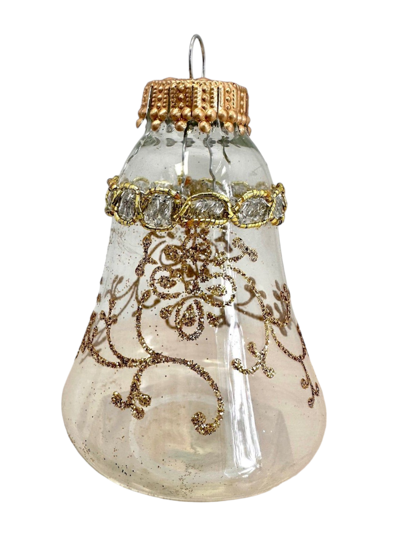 Adornos de campana con encaje y trenzas brillantes, transparentes y esmerilados en dorado - Juego de 4 piezas