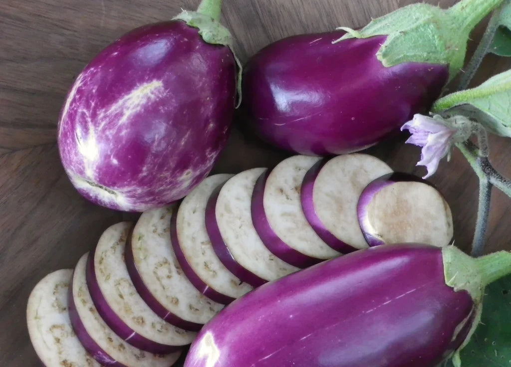 Rosita eggplants on wooden board, two purple-skinned fruits with white flesh on Tampa Home & Garden Store