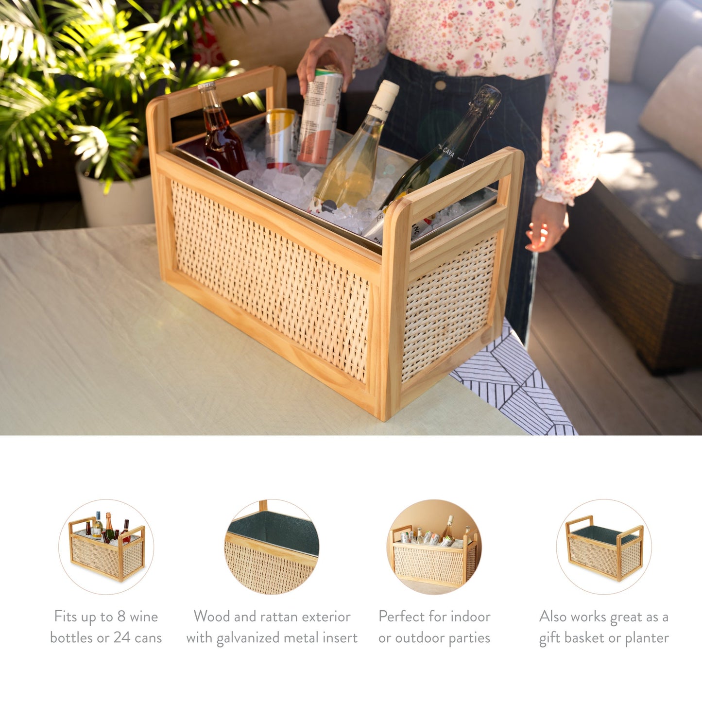 Heavy Wood and Rattan Ice Drink Cooler Tub