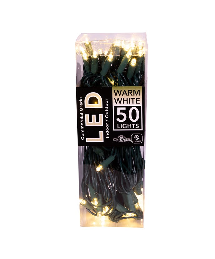 LED string lights 50-light warm white on green wire by The Country Christmas Loft on Tampa Home & Garden Store