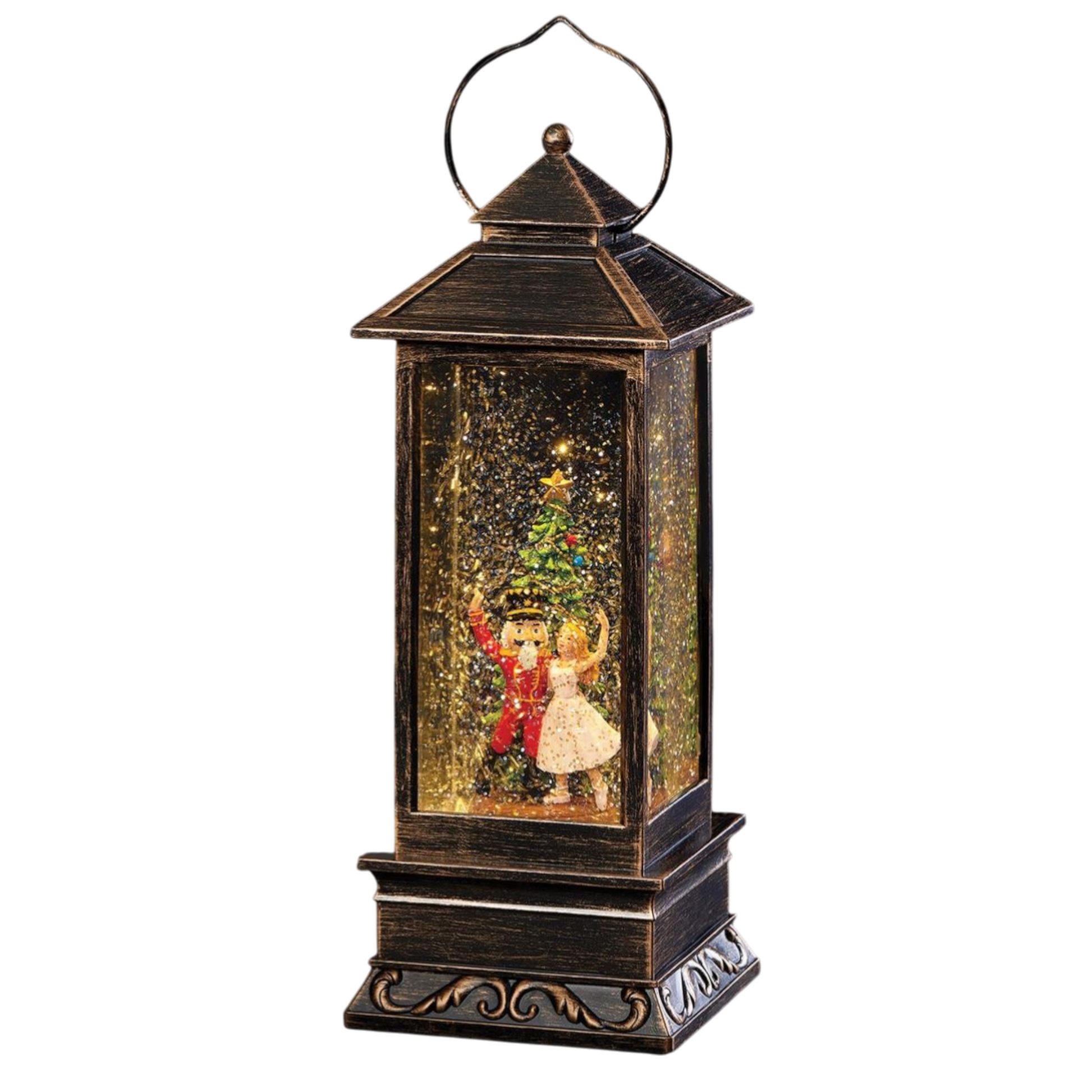 Lighted Swirl Nutcracker Suite Lantern in antique bronze with glass panels and festive scene on Tampa Home & Garden Store