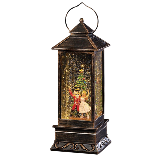 Lighted Swirl Nutcracker Suite Lantern in antique bronze with glass panels and festive scene on Tampa Home & Garden Store