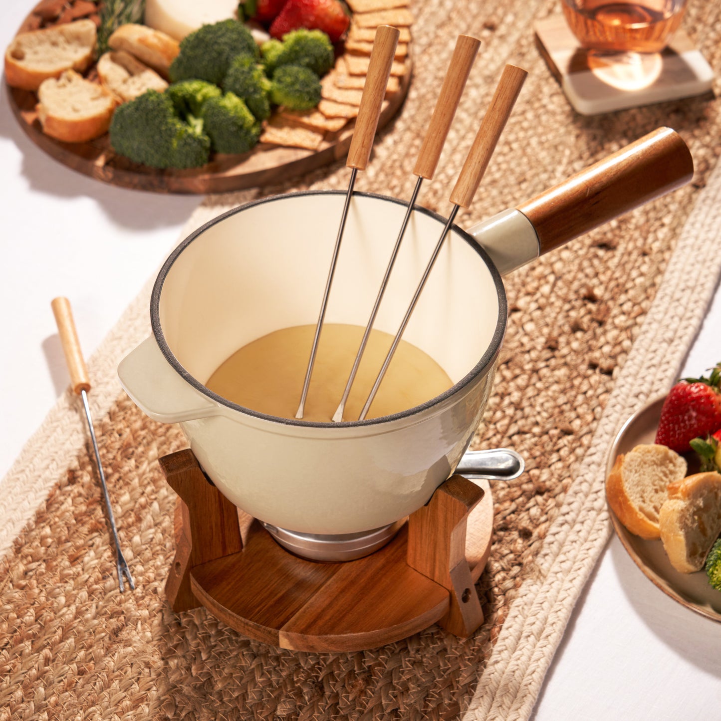 Wood and Cast Iron Fondue Set with Burner