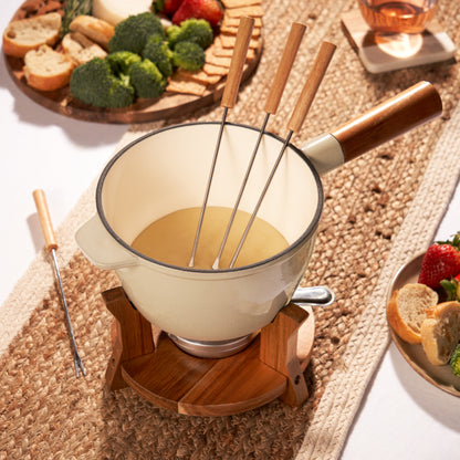 Wood and Cast Iron Fondue Set with Burner