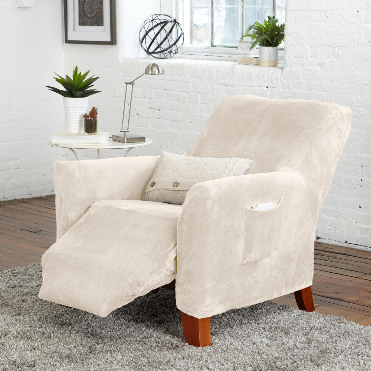 Velvet Stretch Slipcover - Gale Collection beige velvet for plush armchair on Tampa Home & Garden Store