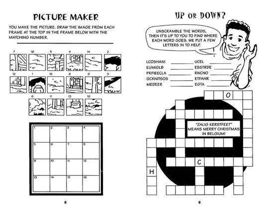 Super Bible Christmas Activities For Kids book spread: Picture Maker frames; Up or Down puzzle on Tampa Home & Garden Store