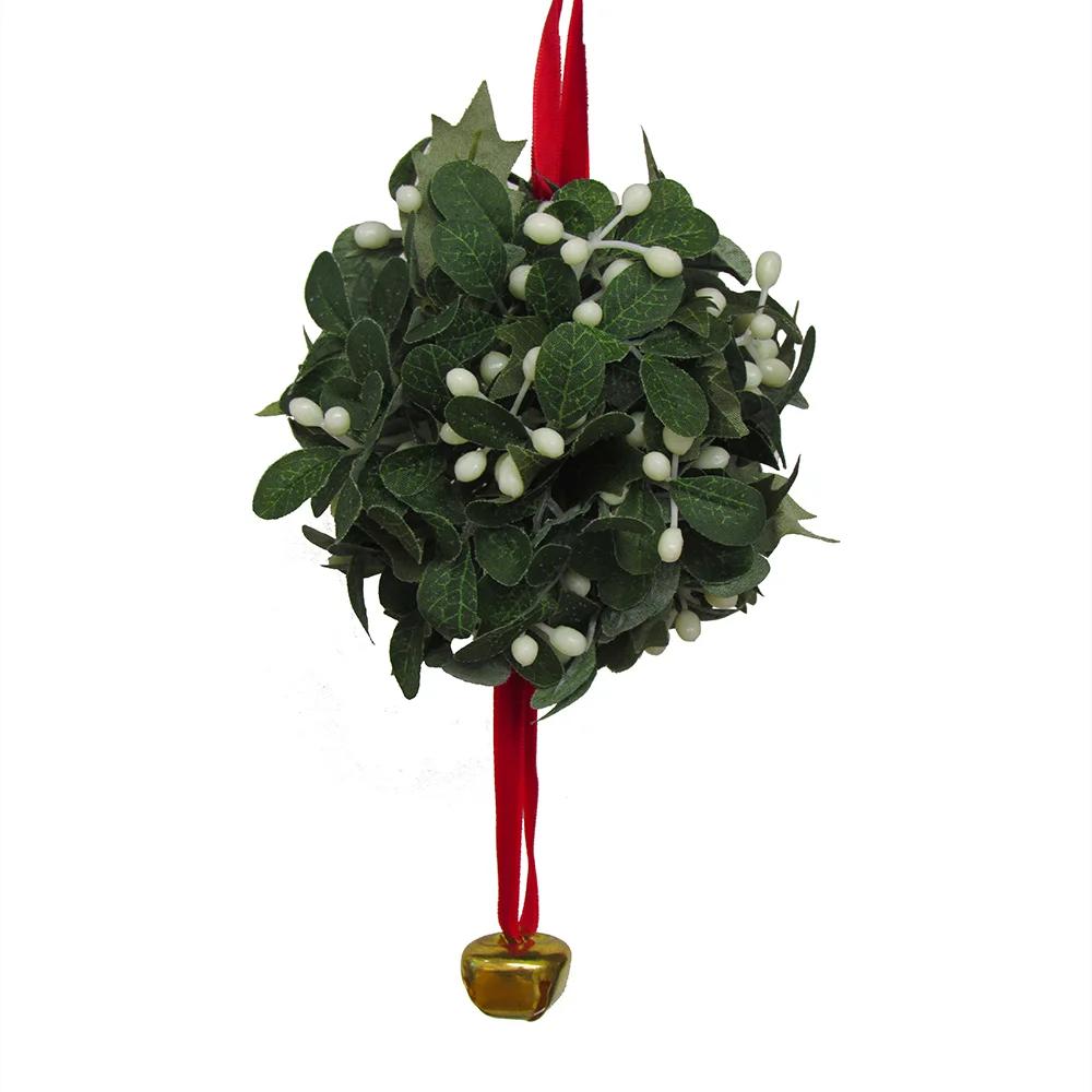 Mistletoe ball ornament with green leaves and white berries, red ribbon with gold bell on Tampa Home & Garden Store