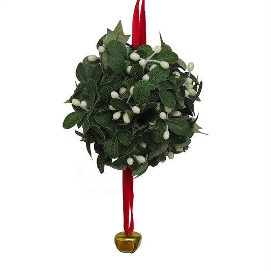 Mistletoe ball ornament with green leaves and white berries, red ribbon with gold bell on Tampa Home & Garden Store