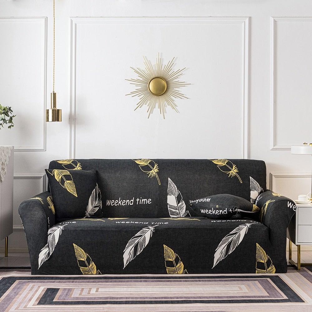 Elastic floral printed sofa cover for 3-cushion couch with cushion covers on dark gray sofa on Tampa Home & Garden Store