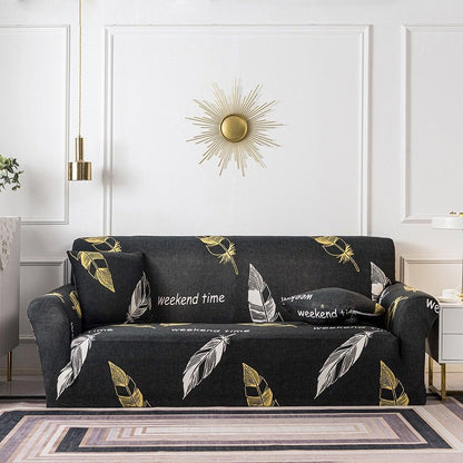 Elastic floral printed sofa cover for 3-cushion couch with cushion covers on dark gray sofa on Tampa Home & Garden Store