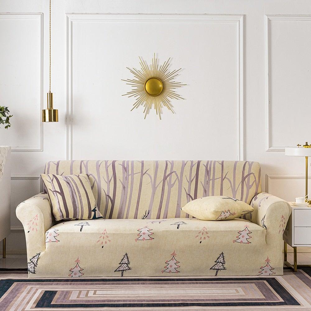 Elastic floral sofa cover by Stevvex on 3-seat sofa with cushions in a modern living room on Tampa Home & Garden Store