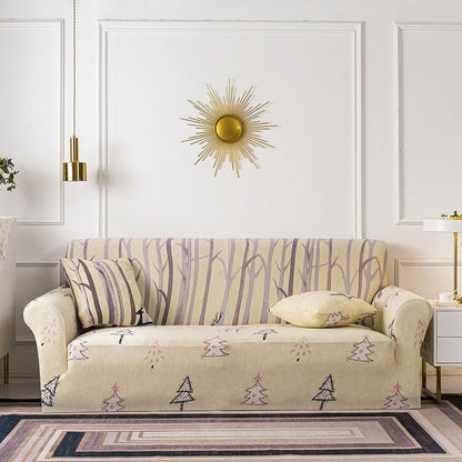 Elastic floral sofa cover by Stevvex on 3-seat sofa with cushions in a modern living room on Tampa Home & Garden Store