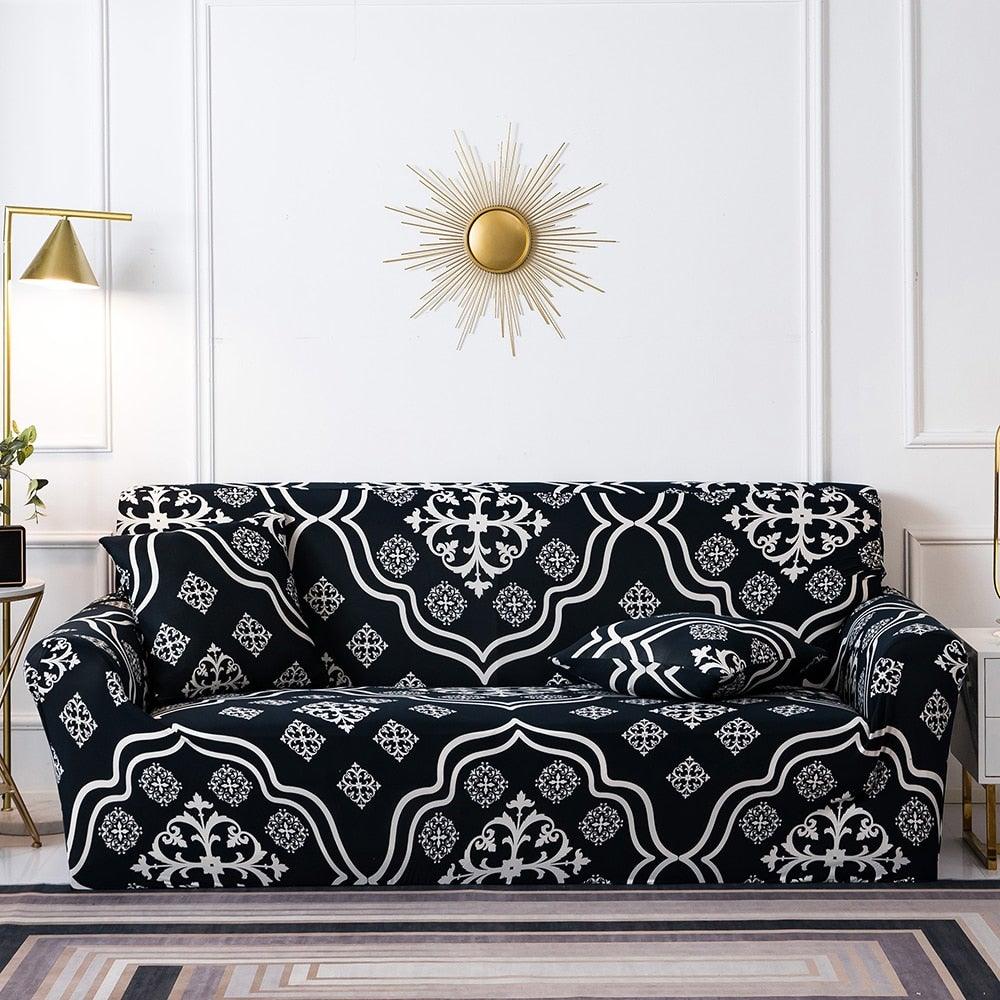 Stevvex floral 3-seat sofa cover with two cushion covers in black and white stretch fabric on Tampa Home & Garden Store