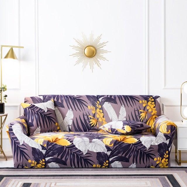 Floral stretch sofa cover for 3-seater with cushion covers in purple and yellow by Stevvex on Tampa Home & Garden Store