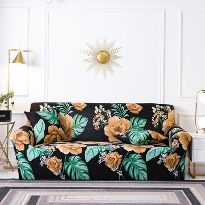 Elastic floral sofa cover in black with orange flowers and green leaves on a 3-seat sofa on Tampa Home & Garden Store