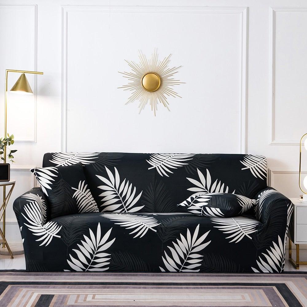 Stevvex elastic floral sofa cover in black with white palm leaf print for 3-seat sofa on Tampa Home & Garden Store
