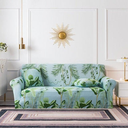 Stevvex elastic floral printed sofa cover for 3-seat couch, light blue tropical leaf print on Tampa Home & Garden Store