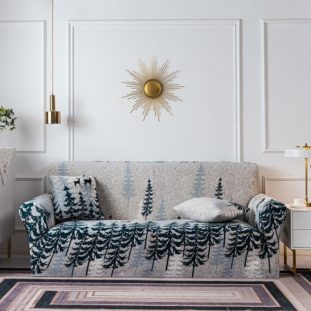 Stevvex elastic sofa slipcover with forest tree pattern for 3/4 seater; cushion covers included on Tampa Home & Garden Store
