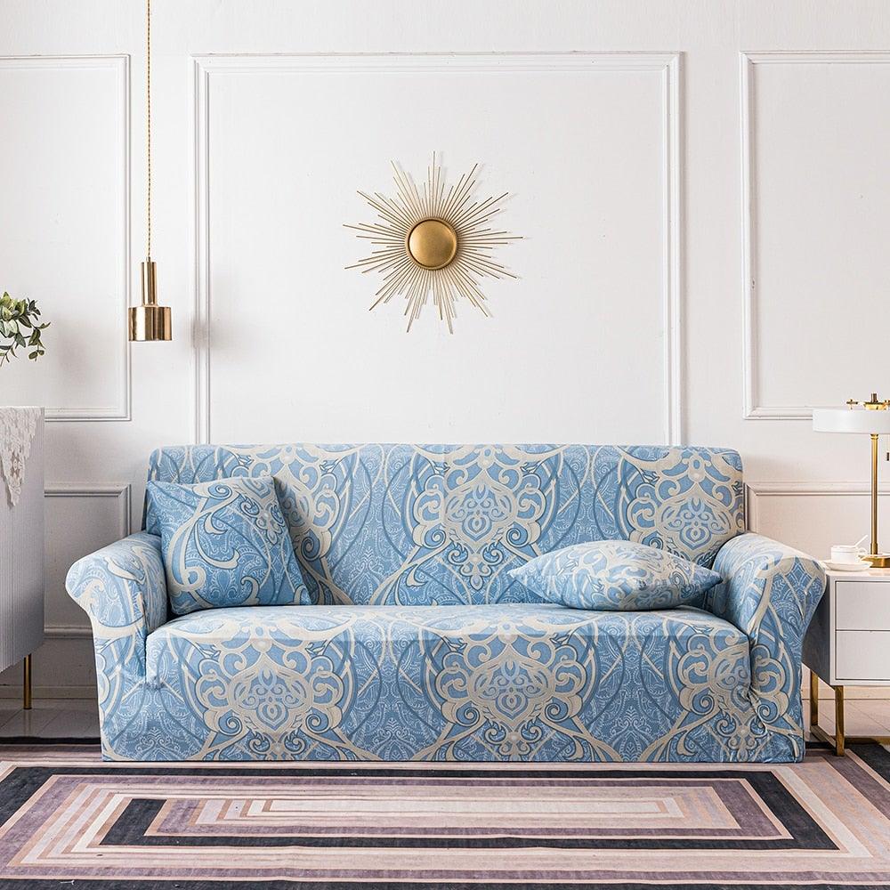Stevvex elastic floral sofa cover for 3-cushion blue damask print with separate cushion covers on Tampa Home & Garden Store