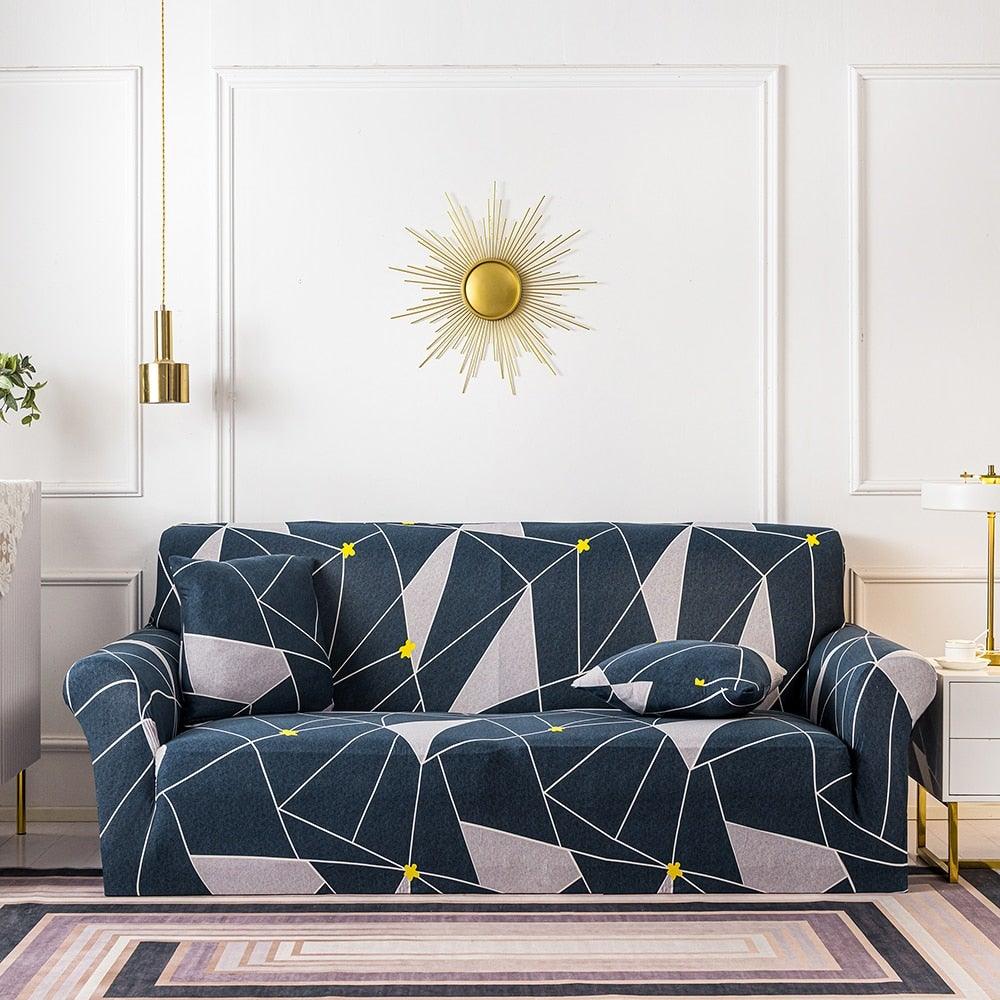 Stevvex sofa cover for 3-seat couch; navy blue with white lines; yellow accents; cushion covers on Tampa Home & Garden Store