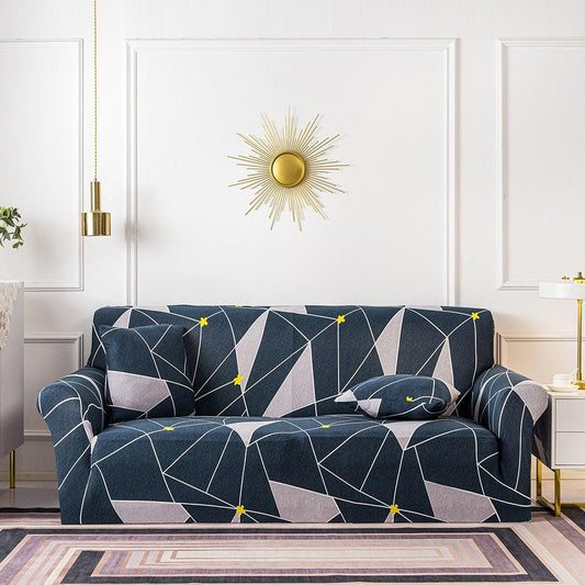 Stevvex sofa cover for 3-seat couch; navy blue with white lines; yellow accents; cushion covers on Tampa Home & Garden Store