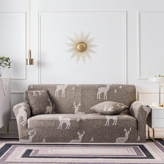 Sofa slipcover Stevvex elastic taupe with white deer pattern for 3-seat couch on Tampa Home & Garden Store