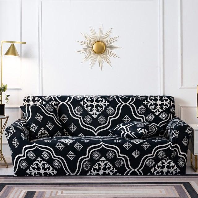 Stretchable floral print sofa cover for 3-seat sofa with cushion covers in black and white on Tampa Home & Garden Store