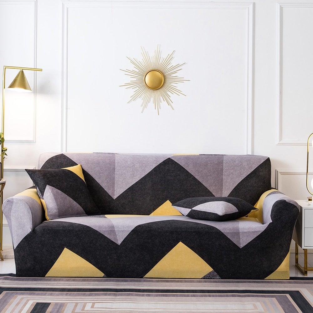 Elastic floral sofa cover set for 3-seat sofa with cushion covers in black gray yellow geometric on Tampa Home & Garden Store