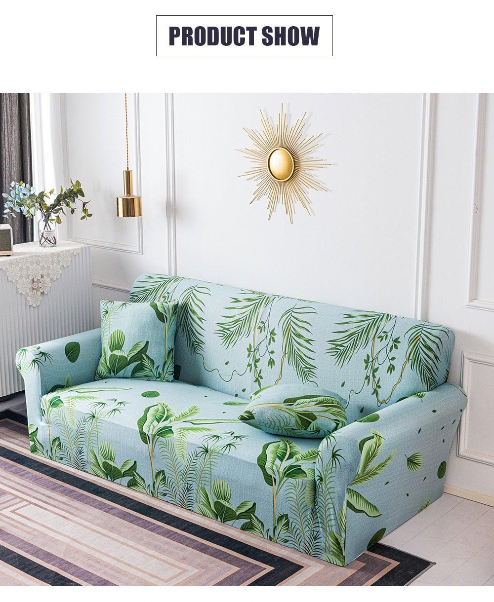 Stevvex elastic floral leaf-print sofa cover in light blue for 3-seat sofa on Tampa Home & Garden Store