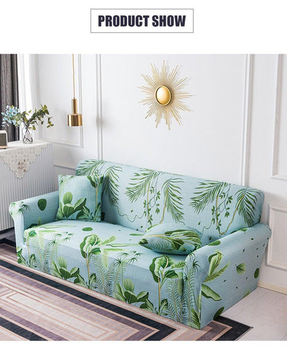 Stevvex elastic floral leaf-print sofa cover in light blue for 3-seat sofa on Tampa Home & Garden Store