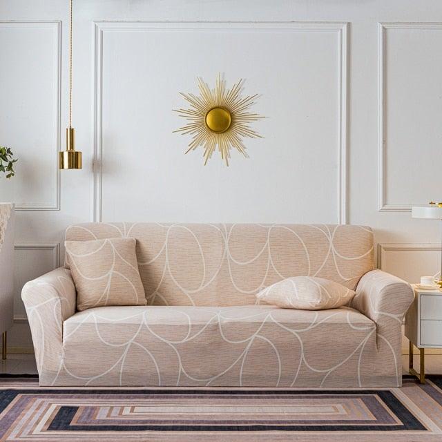 Stevvex elastic beige floral sofa cover with white curved pattern on a 3-seat sofa on Tampa Home & Garden Store