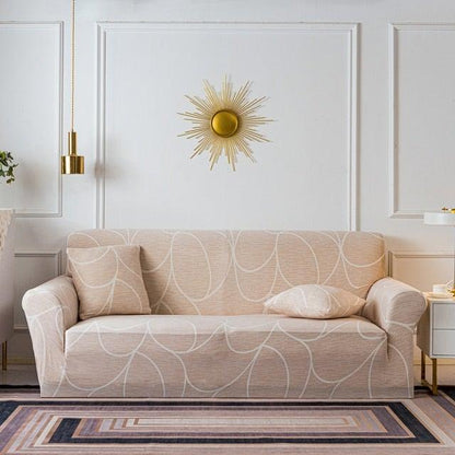 Stevvex elastic beige floral sofa cover with white curved pattern on a 3-seat sofa on Tampa Home & Garden Store