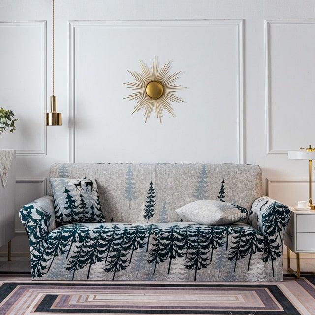 Stevvex elastic floral sofa cover for 3-seat couch in gray with teal forest print on Tampa Home & Garden Store