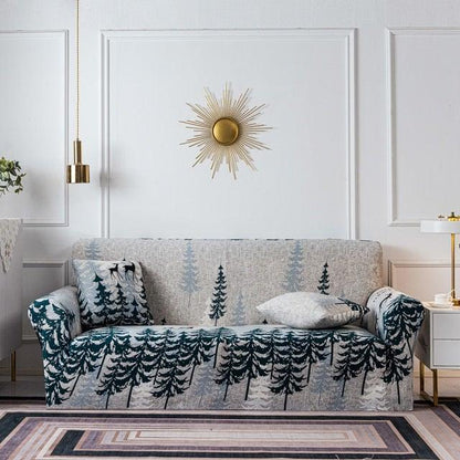Stevvex elastic floral sofa cover for 3-seat couch in gray with teal forest print on Tampa Home & Garden Store