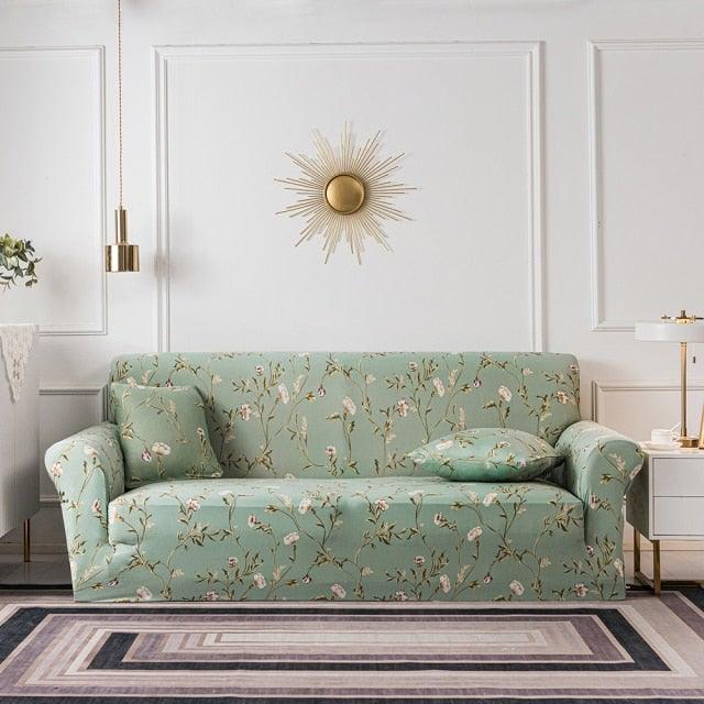 Stevvex floral stretch sofa cover for 3-seat couch with cushion covers in sage green on Tampa Home & Garden Store