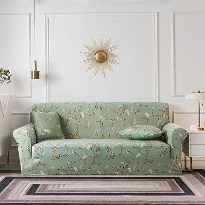 Stevvex floral stretch sofa cover for 3-seat couch with cushion covers in sage green on Tampa Home & Garden Store
