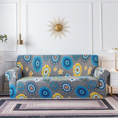 Stevvex elastic floral sofa slipcover for 3 seater, gray with blue yellow circular floral prints on Tampa Home & Garden Store