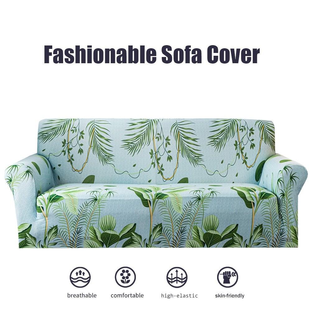 Stevvex elastic floral sofa cover for 3/4 seater in light blue with print and cushion on Tampa Home & Garden Store