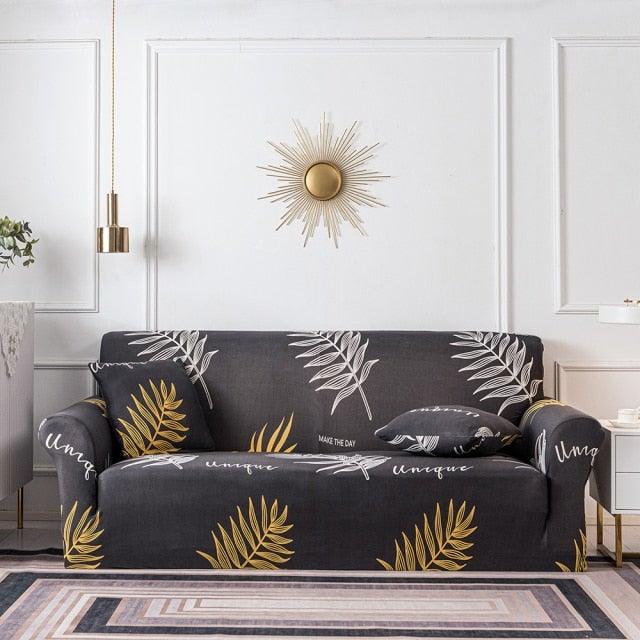 Stevvex elastic floral sofa cover in dark gray with yellow leaf print, 3-cushion slipcover on Tampa Home & Garden Store