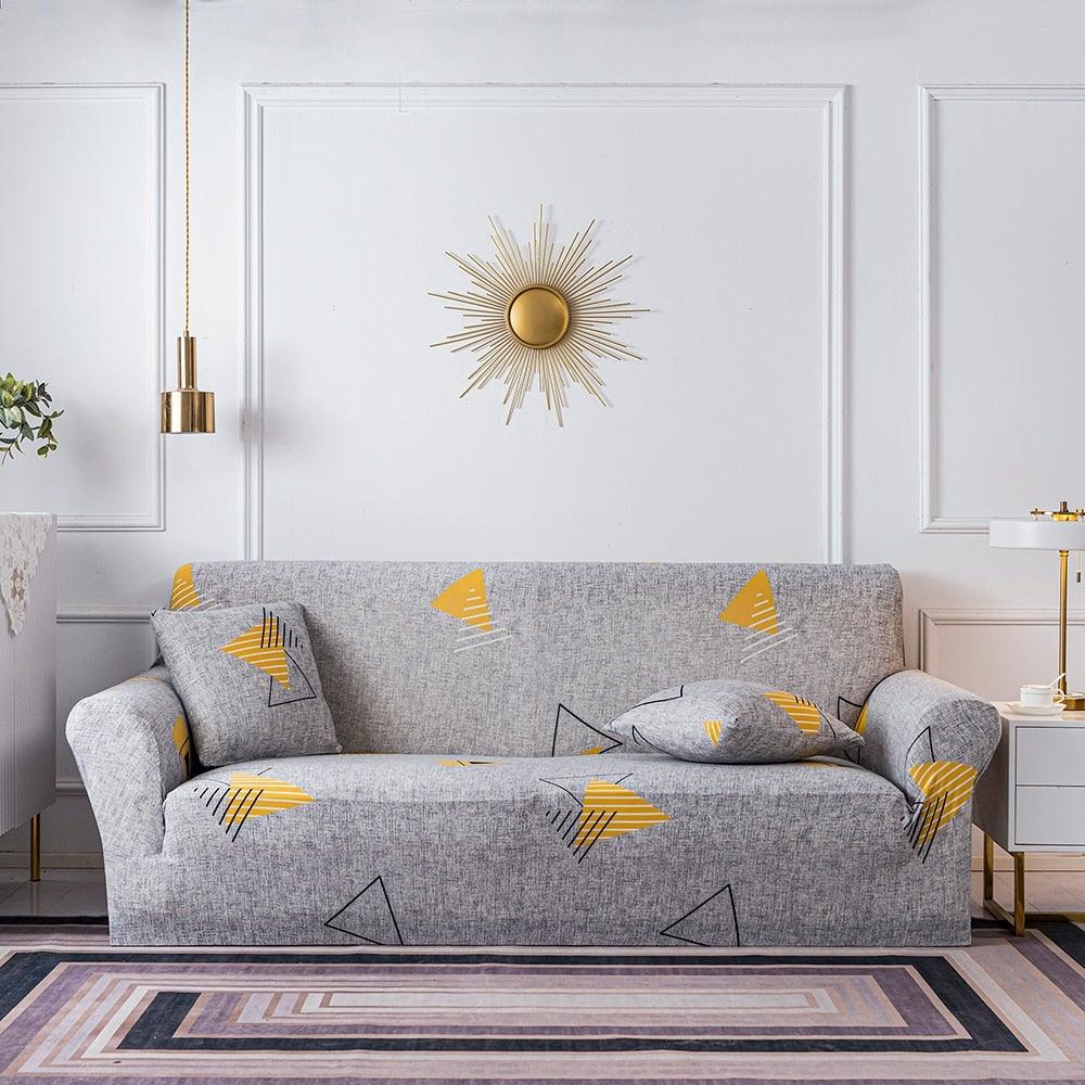 Stevvex grey elastic sofa cover with yellow prints for 3-seat couch and cushion covers on Tampa Home & Garden Store